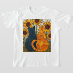 Camiseta Gatos de Vidro Colorido e Design de Arte de Girass