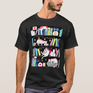 Camiseta Gatos Deitados Na Prateleira De Livros Gatinho Min