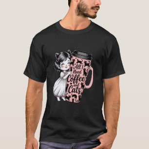 Camiseta Gatos E Café Kitty Orelhas Rosa Grande Xícara De V