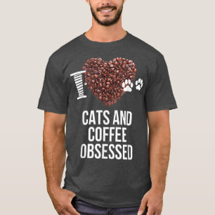 Camiseta Gatos e Café Obcecados Eu Amo Gatos e Eu Coração C