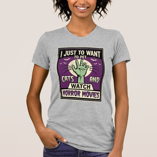 Camiseta Gatos E Filmes De Terror Design De Halloween (Frente)