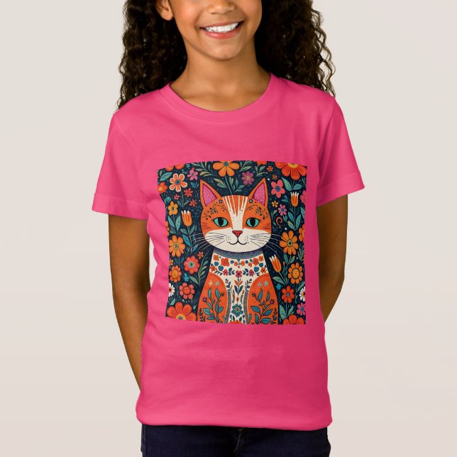 Camiseta Gatos e Flores de Arte Folical Whimsical (Frente)