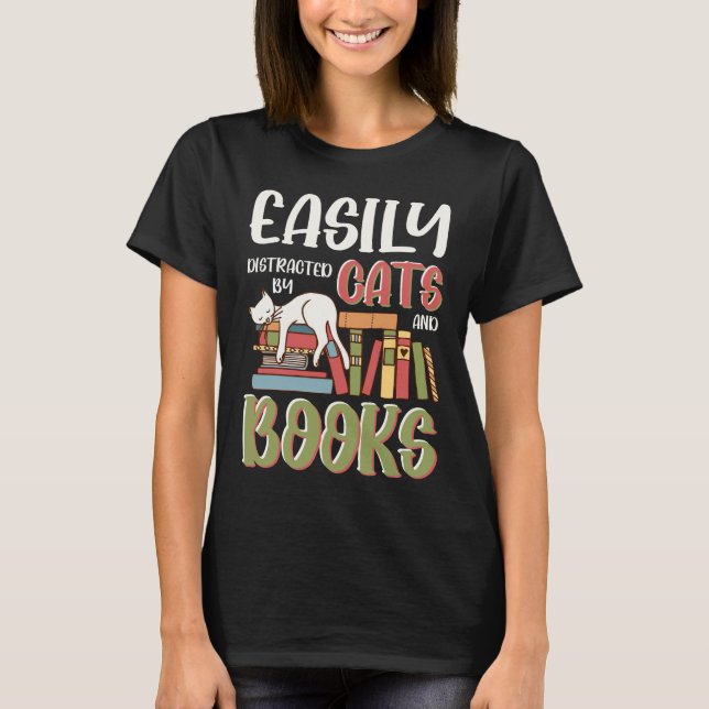 Camiseta Gatos E Livros Facilmente Distraídos Engraçados (Frente)