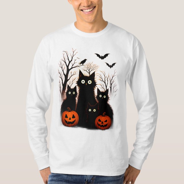Camiseta Gatos e Morcegos Assustadores de Halloween | Terro (Frente)