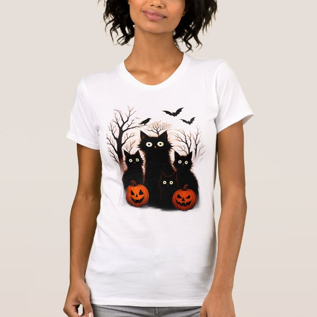Camiseta Gatos e Morcegos Assustadores de Halloween | Terro (Frente)