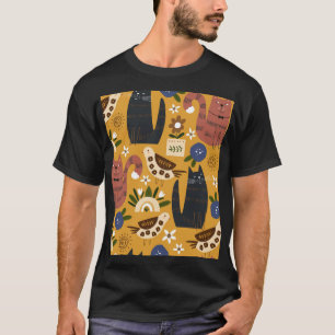 Camiseta Gatos e Pássaros Vintage, Desenhados à Mão.