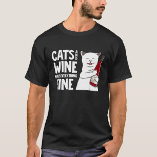 Camiseta Gatos E Vinho Tornam Tudo Bem, Divertido Rótulo De