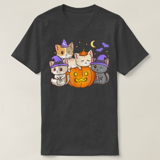 Camiseta Gatos Engraçados Anime de Halloween Gato Kawaii Ne (Frente do Design)