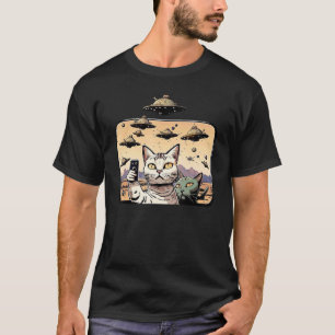 Camiseta Gatos engraçados selfie UFO espaçonaves Gatinhos G