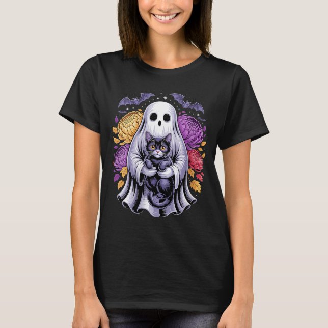 Camiseta Gatos Fantasmas Assustadores Florais Abóbora Fofa  (Frente)