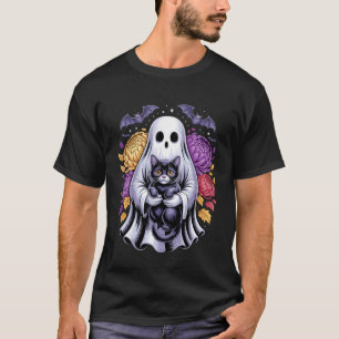 Camiseta Gatos Fantasmas Assustadores Floral Abóbora Gato P