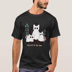 Camiseta Gatos Fantasmas Floral Boho Bruxa de Halloween