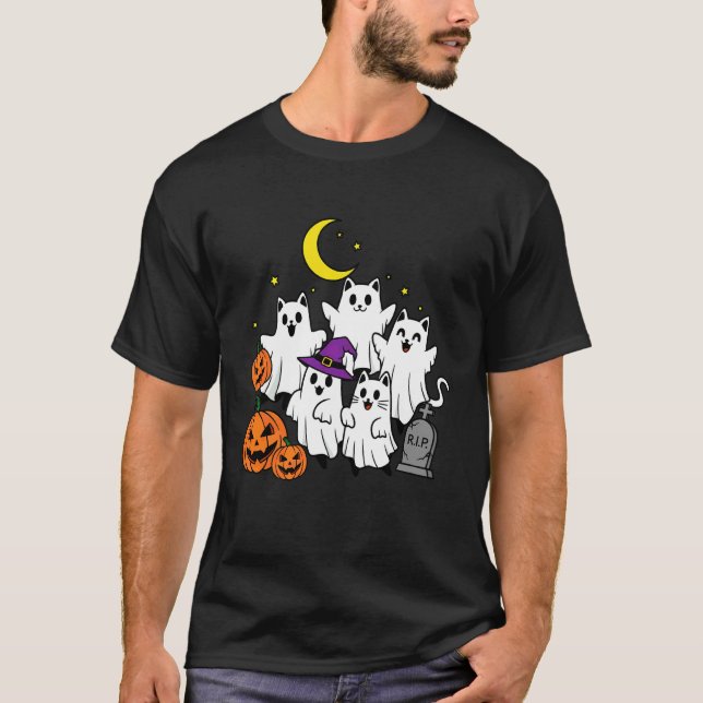 Camiseta Gatos Fantasmas Fofos e Cemitério de Abóboras Dive (Frente)