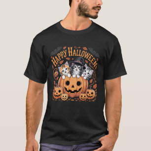 Camiseta Gatos Felizes de Halloween em Abóbora com Desenho