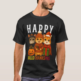 Camiseta Gatos Felizes Hallothanksmas Halloween Dia de Ação