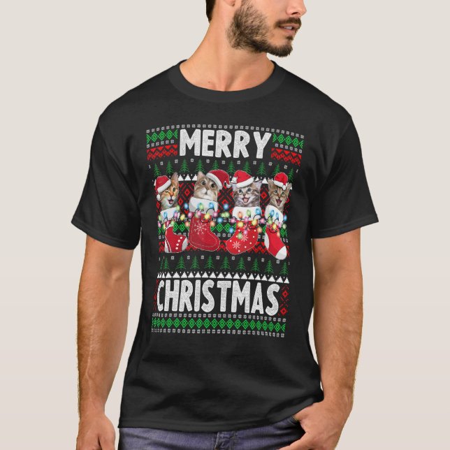 Camiseta Gatos Felizes Natal Dentro da Meia de Natal (Frente)