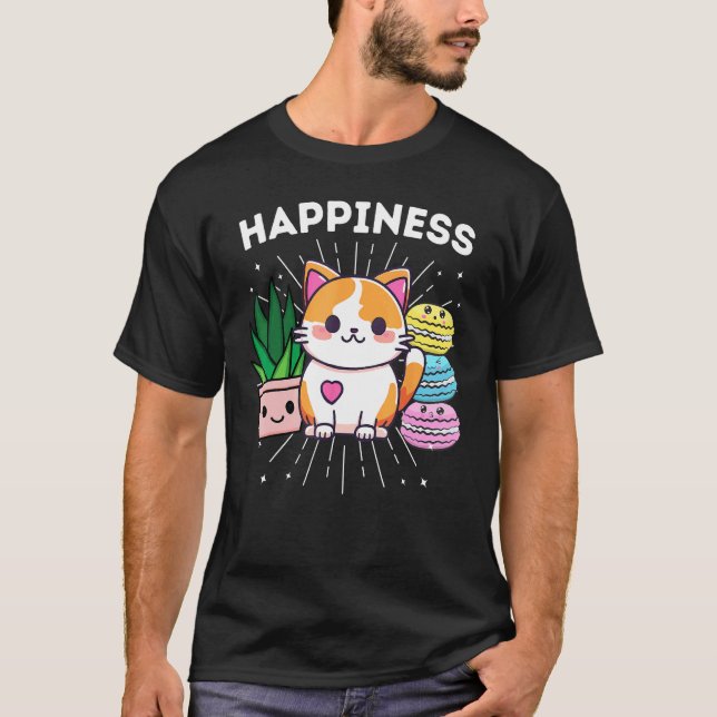 Camiseta Gatos Felizes Plantas Macarons Engraçado (Frente)