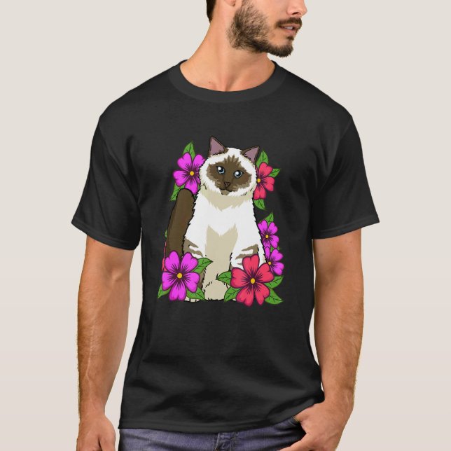 Camiseta Gatos Flores Birman Mulheres Meninas Gato (Frente)