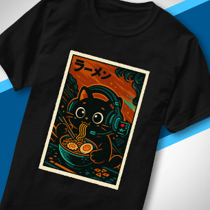 Camiseta Gatos Fofos de Ramen com Fones de Ouvido Música Ja
