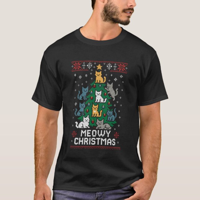 Camiseta Gatos Fofos e Flocos de Neve em Torno da Árvore de (Frente)