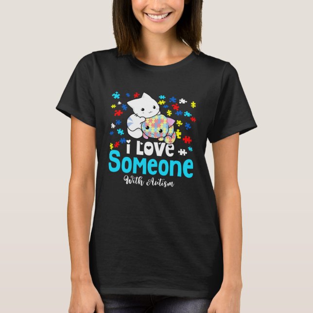 Camiseta Gatos Fofos Eu Amo Alguém Com Autismo Quebra-Cabeç (Frente)