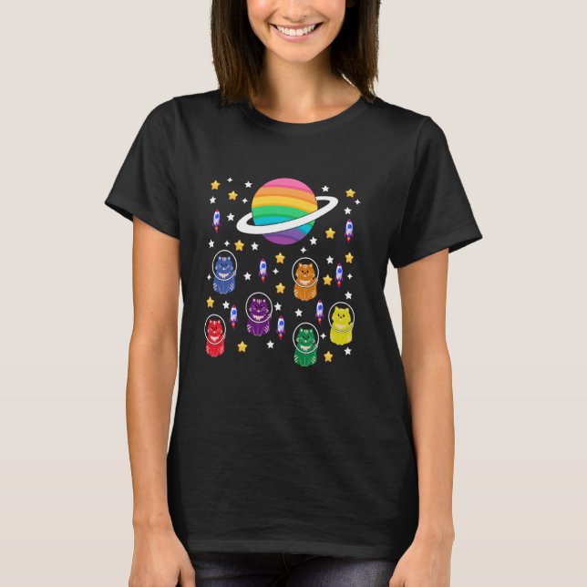Camiseta Gatos Gays No Espaço Orgulho Arco-Íris (Frente)