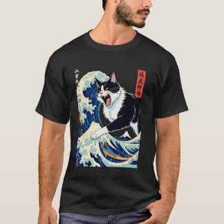 Camiseta Gatos Japoneses Kawaii Japão Gato & Onda de Kanaga