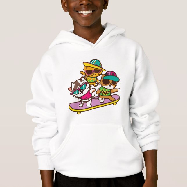 Camiseta Gatos Jogam Skateboard Vestindo Óculos Hip Hop Hat (Frente)