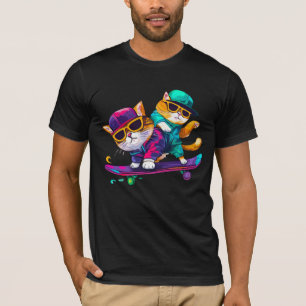 Camiseta Gatos Jogam Skateboard Vestindo Óculos Hip Hop Hat