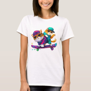 Camiseta Gatos Jogam Skateboard Vestindo Óculos Hip Hop Hat