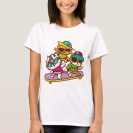 Camiseta Gatos Jogam Skateboard Vestindo Óculos Hip Hop Hat