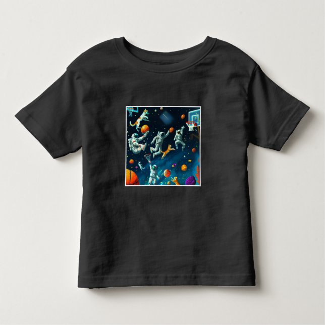 Camiseta Gatos Jogando Basquete no Espaço com Astronautas (Frente)