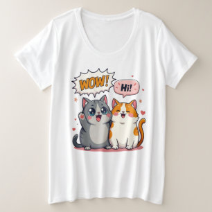 Camiseta Gatos Kawaii Fofos Quadrinhos Dizendo Wow e Hi Plu