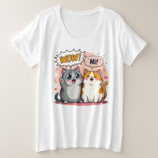 Camiseta Gatos Kawaii Fofos Quadrinhos Dizendo Wow e Olá Pl