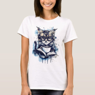 Camiseta Gatos Livros Café Coffee Watercolor Bot Abstrato