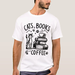 Camiseta Gatos, Livros e Café