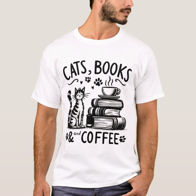 Camiseta Gatos, Livros e Café (Frente)