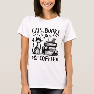 Camiseta Gatos, Livros e Café