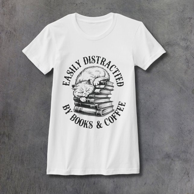 Camiseta Gatos, Livros e Café Feminino Ajustado (Criador carregado)
