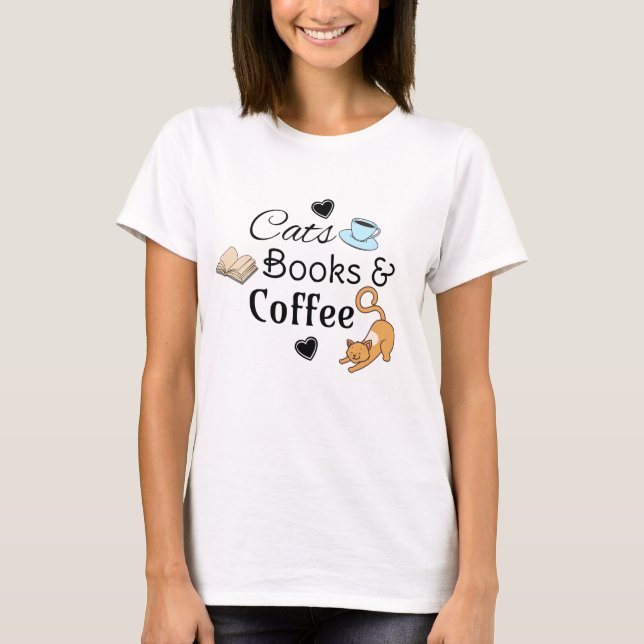 Camiseta Gatos, Livros e Café Fofo  (Frente)