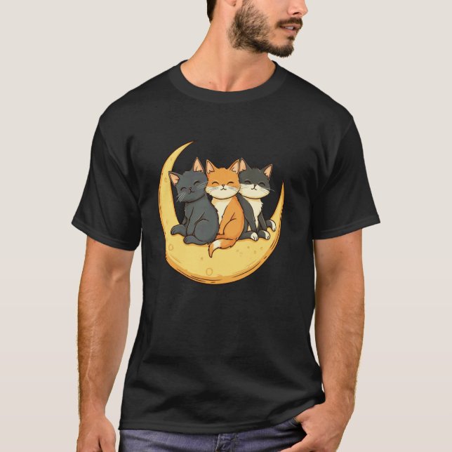 Camiseta Gatos Lua Crescente Amante de Gato Fofo (Frente)