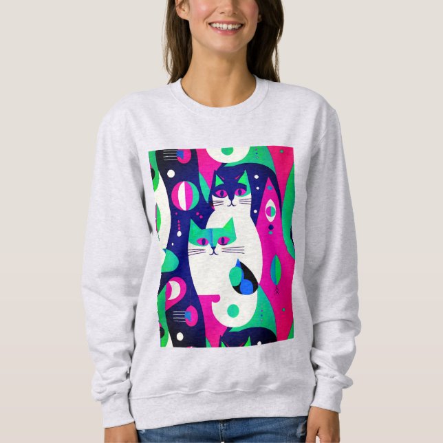 Camiseta Gatos Modernos do Século médio num Fundo Azul Escu (Frente)