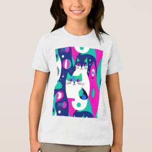 Camiseta Gatos Modernos do Século médio num Fundo Azul Escu