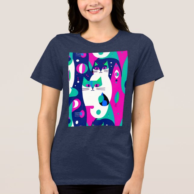 Camiseta Gatos Modernos do Século médio num Fundo Azul Escu (Frente)