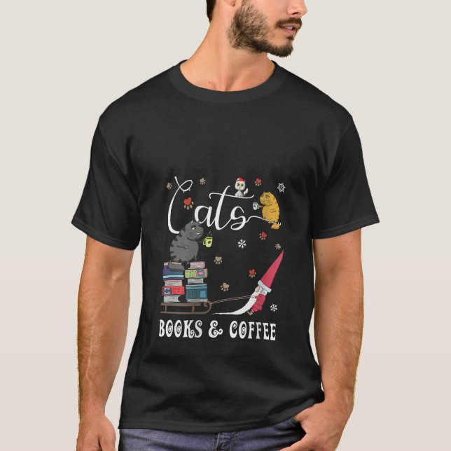 Camiseta Gatos Mulheres Livros Café Café Gnomo Gnomo Coffee (Frente)