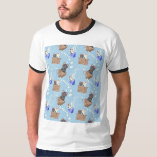 Camiseta Gatos na caixa e leite cai em azul