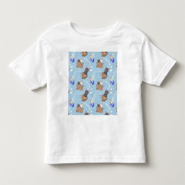 Camiseta Gatos na caixa e leite cai em azul (Frente)