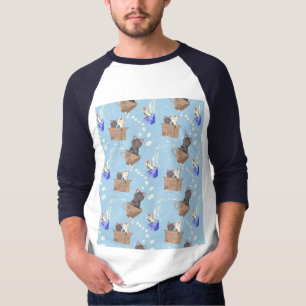 Camiseta Gatos na caixa e leite cai em azul
