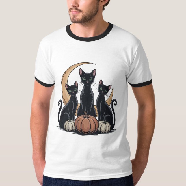 Camiseta Gatos Negros Abóbora Lua Whimsigothia Halloween (Frente)