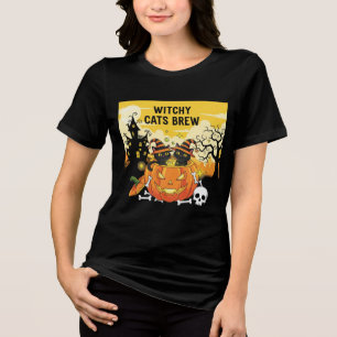 Camiseta Gatos Negros Bruxos de Pumpkin Cauldron Halloween